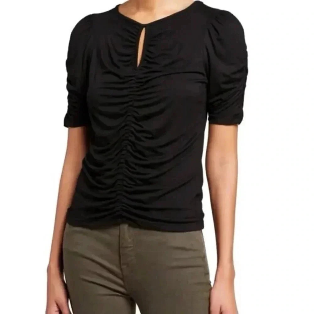 FRAME Black Key Hole Ruched Blouse Size XS EUC